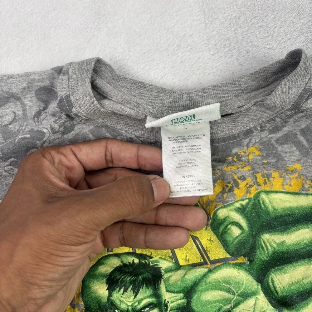 Y2K 2008 Hulk Marvel AOP Grey Long Sleeve Graphic Shirt Boys Size 7